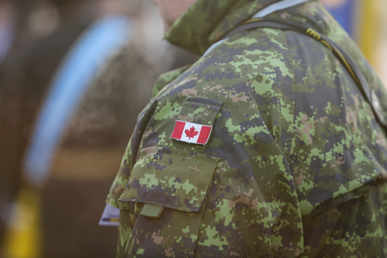 A close up view to Canadian military uniform